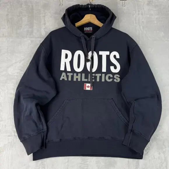 Vintage Roots Canada Hoodie Athletics Flag Logo Men Size Large Fleece Navy Y2K - Picture 2 of 9